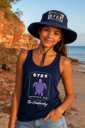 6725 Bucket Hat in navy with wide brim, adjustable chin cord, and Broome patch detail. Perfect for beach, travel, and outdoor wear.