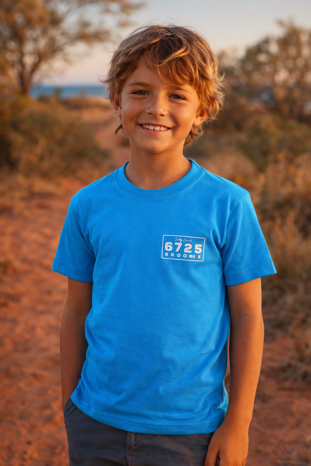Smiling boy wearing the 6725 Logo Kids Tee in ocean-blue, showcasing Broome style on a sunny day.