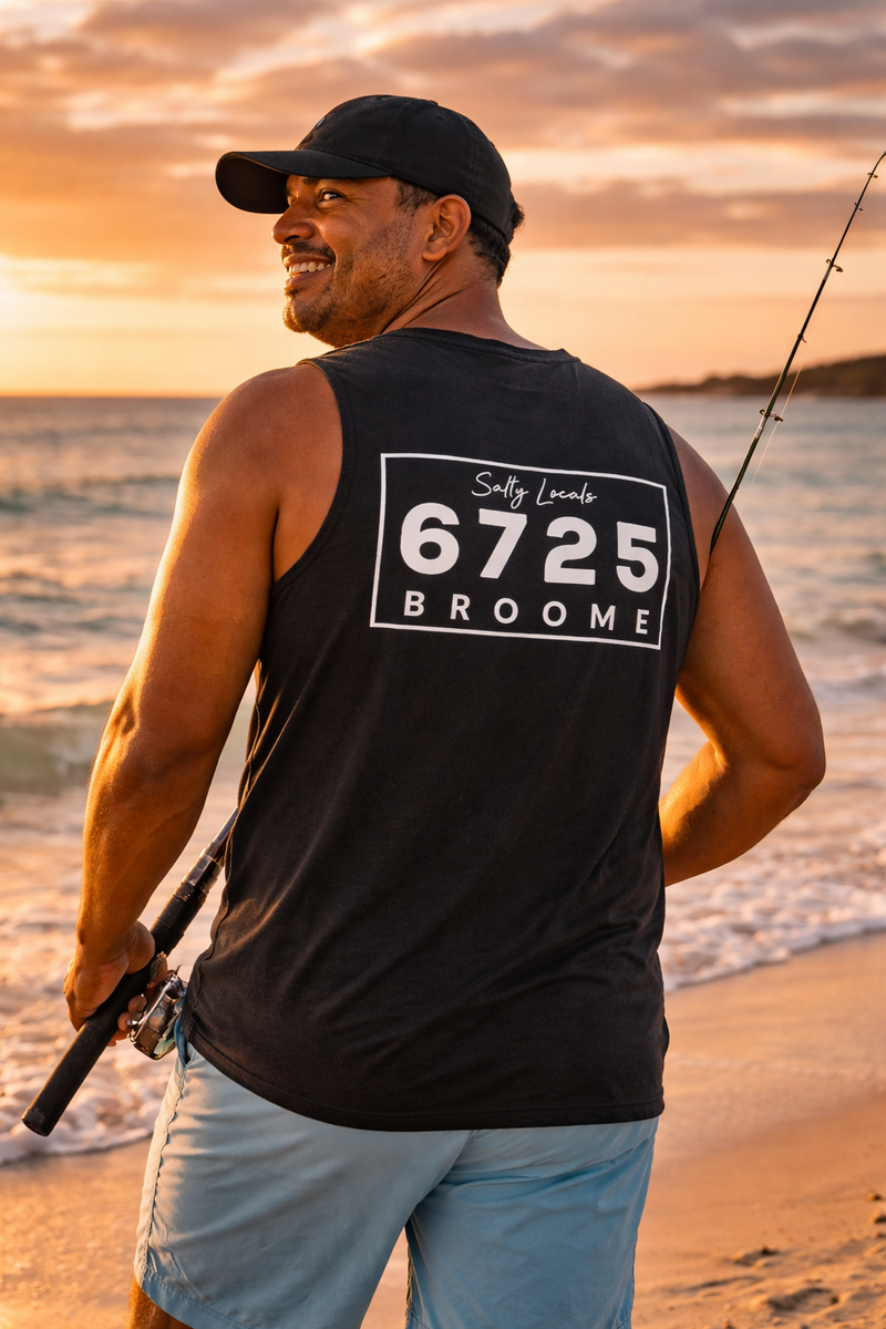 6725 Men's Tank Logo back print Salty Locals Broome design