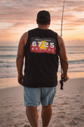 Person wearing Aboriginal Flag Men's Singlet Tank Top walking on the beach at sunset with fishing rod.
