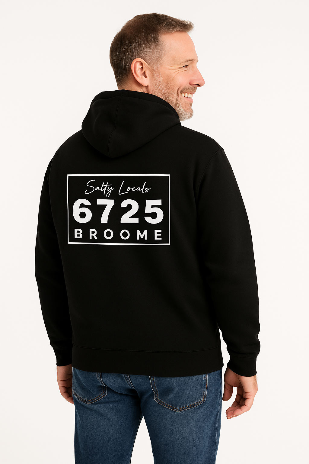 View of the back of the hooded jacket in color black