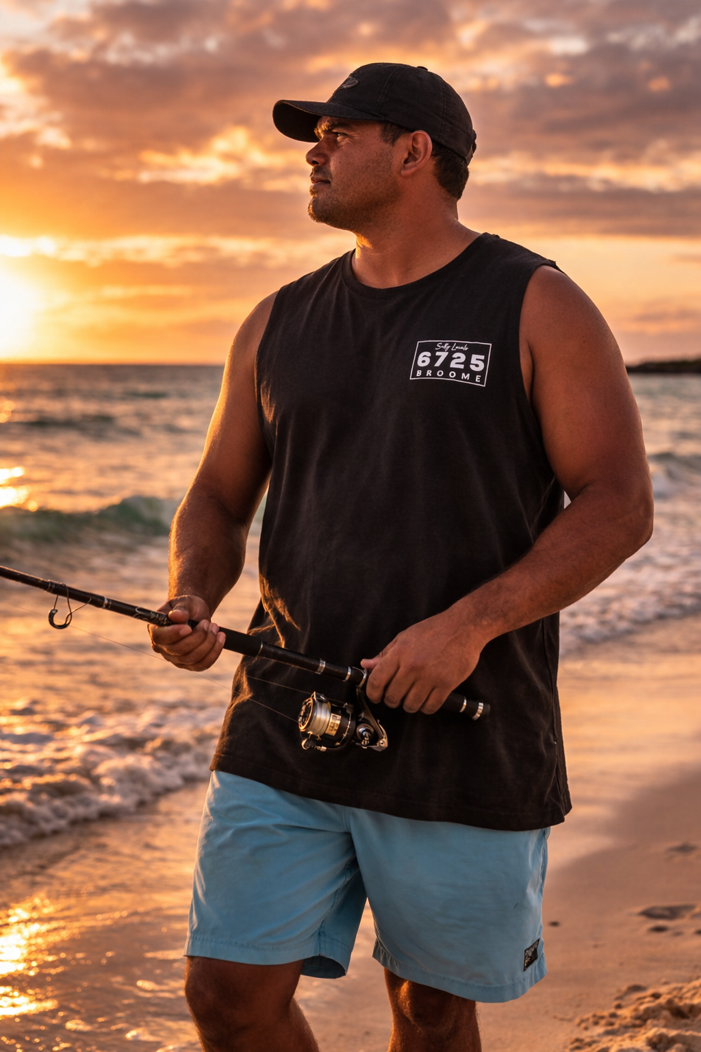 Man fishing at sunset wearing Aboriginal Flag Men's Singlet Tank Top by 6725 Broome.