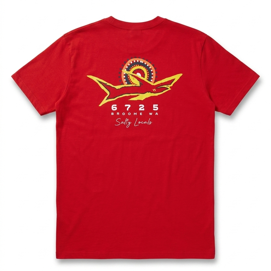 Men's "Salty Locals" Shark T-Shirt - Red | 6725 Broome featuring bold shark graphic on back