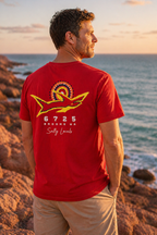 Men's "Salty Locals" Shark T-Shirt - Red | 6725 Broome, showcasing a bold shark graphic against the ocean sunset.