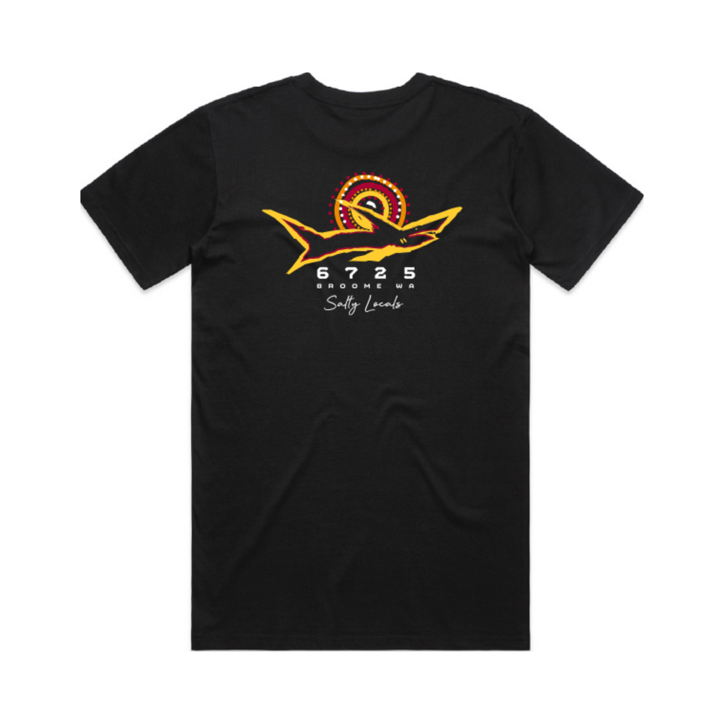 Men's "Salty Locals" Shark T-Shirt - Black | 6725 Broome back design featuring vibrant shark logo.