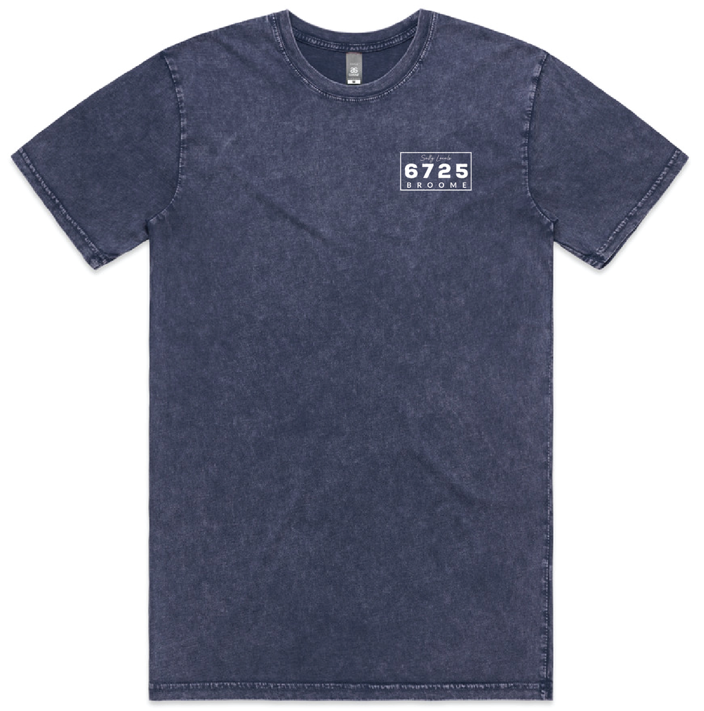 Men's Stonewash T-Shirt in blue, featuring a simple design and logo from 6725 Broome, reflecting coastal style.
