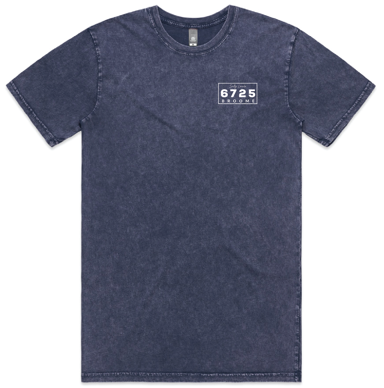 Men's Stonewash T-Shirt in blue, featuring a simple design and logo from 6725 Broome, reflecting coastal style.