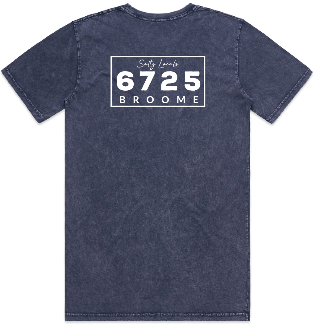 Men's Stonewash T-Shirt in blue with 6725 Broome design, perfect for a coastal lifestyle.