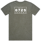 Men's Stonewash T-Shirt back view in moss color featuring 6725 Broome design.