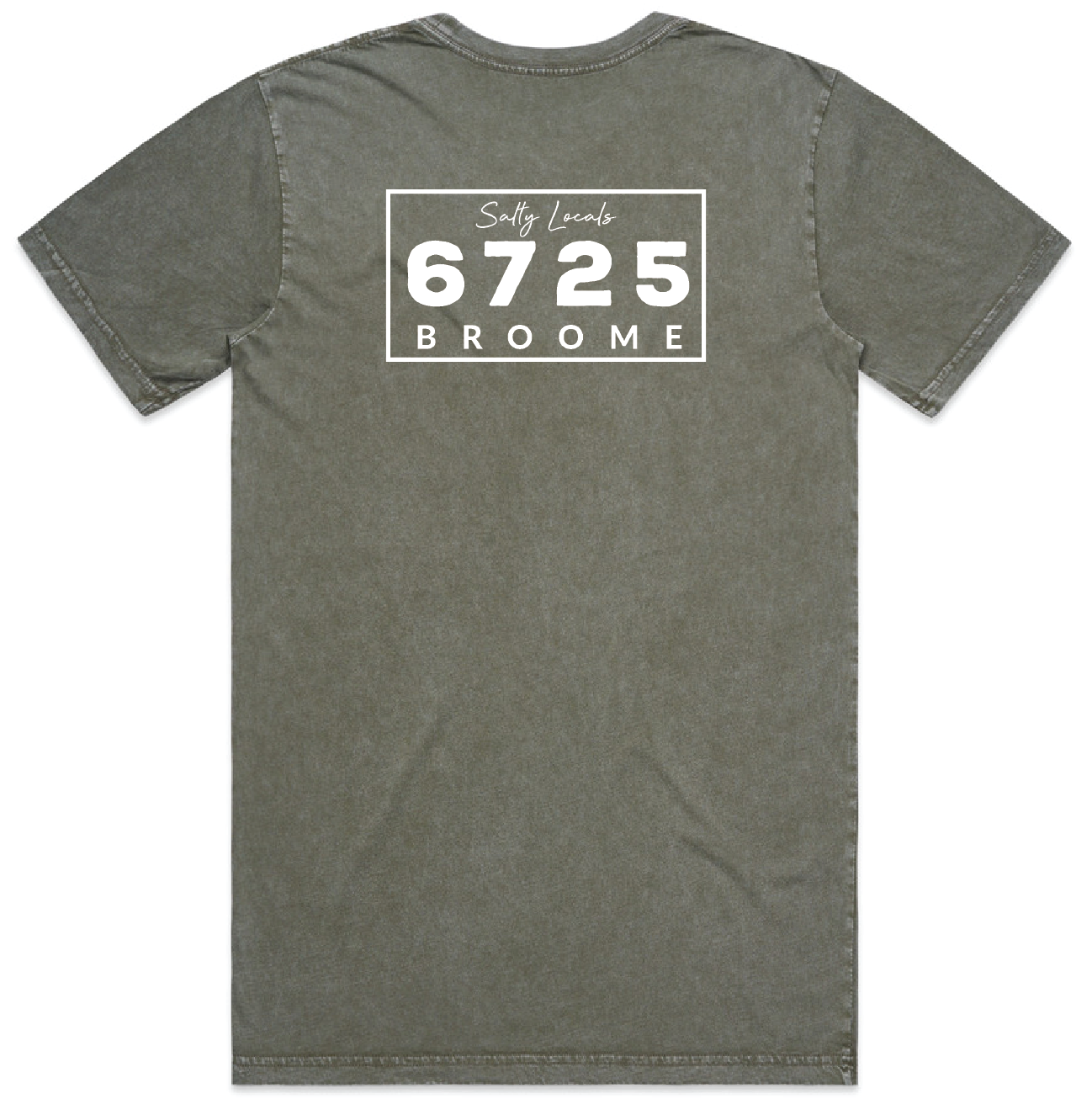 Men's Stonewash T-Shirt back view in moss color featuring 6725 Broome design.
