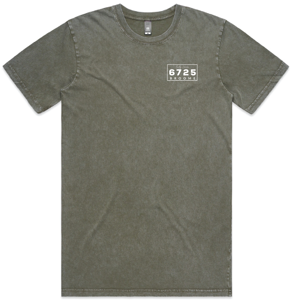 Men's Stonewash T-Shirt in moss color with 6725 Broome logo, reflecting rugged coastal style and comfort.