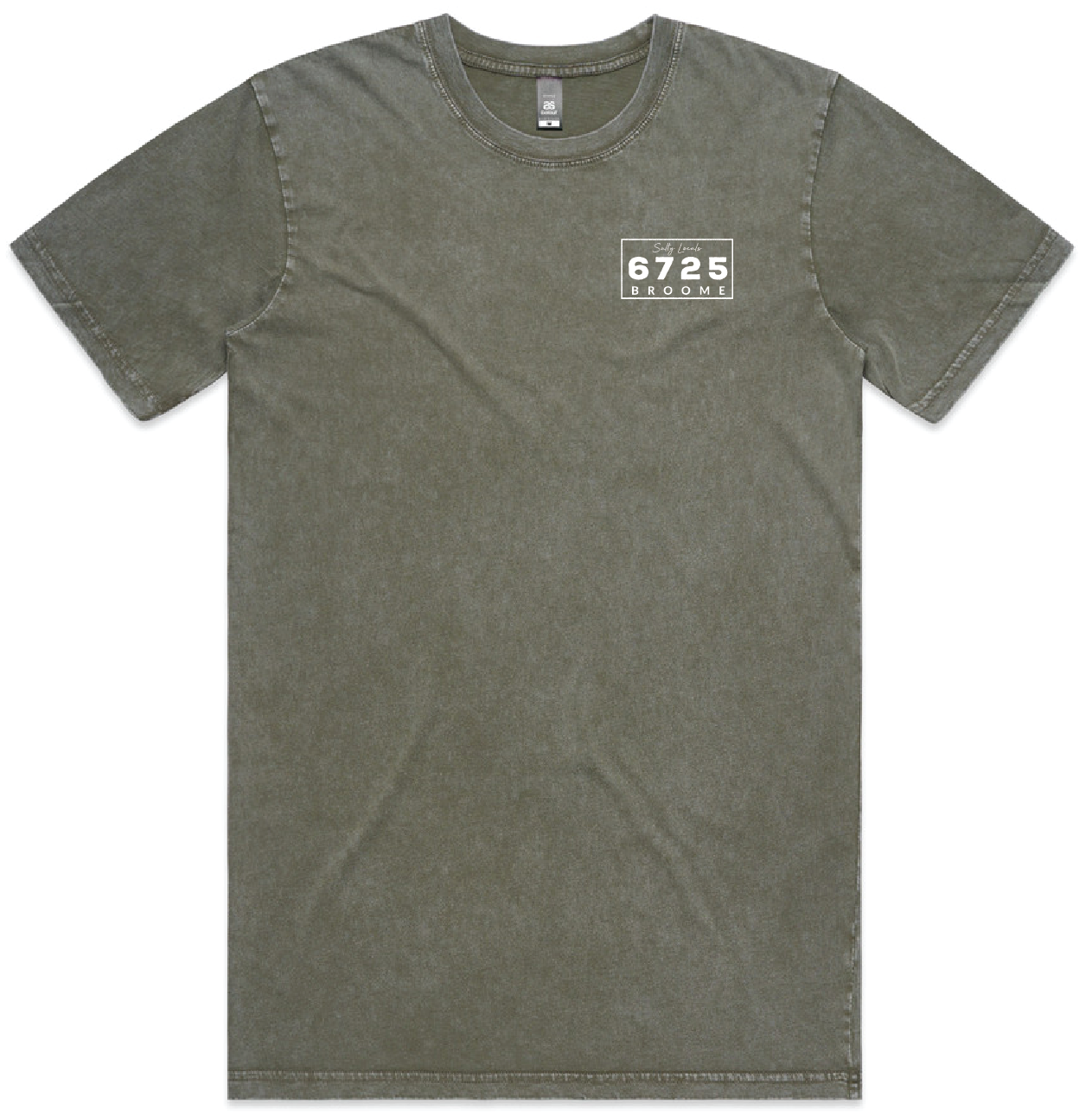 Men's Stonewash T-Shirt in moss color with 6725 Broome logo, reflecting rugged coastal style and comfort.