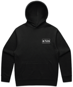 6725 Zip Up Men's Hooded Jacket in black with front kangaroo pocket and 6725 BROOME chest print.