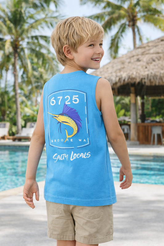 6725 Kids Sailfish Tank Top worn by a boy by the pool, featuring vibrant sailfish graphic and coastal design.