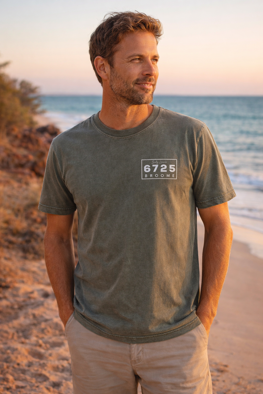 Men's Stonewash T-Shirt - Moss | 6725 Broome, perfect for coastal lifestyles, featuring vintage style and earthy tones.